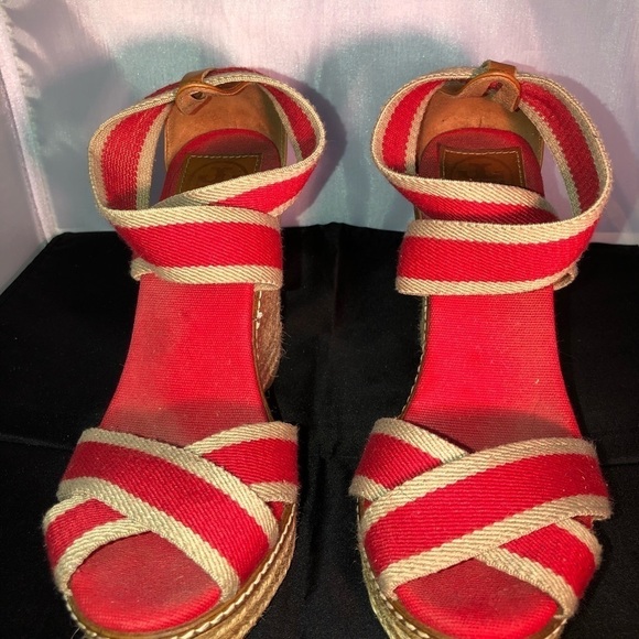 Tory Burch Adonis Red & Tan Wedge Platform Espadrilles Open Toe Size 7 - Picture 2 of 6